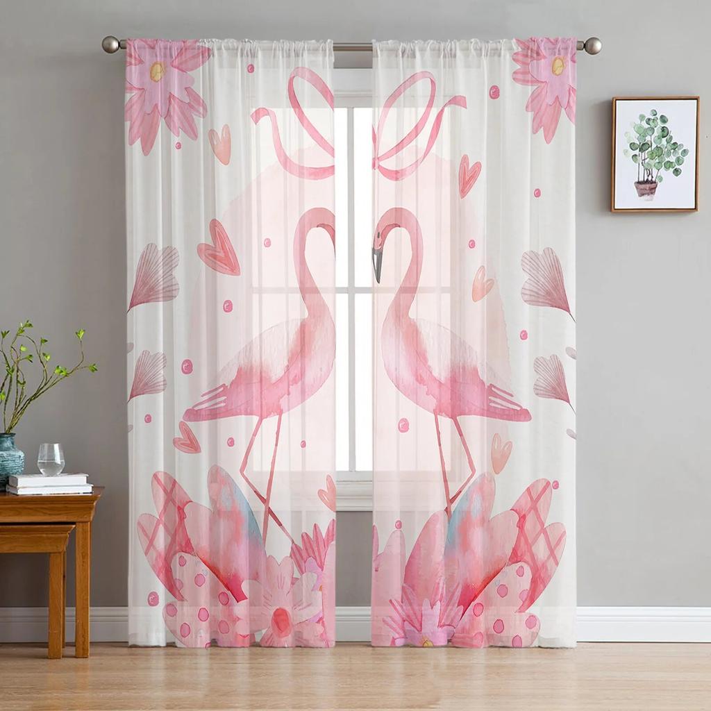 Valentine'S Day Love Flamingo Flowers Plants Sheer Curtains Living Room Bedroom Voile Window Curtain Tulle Drapes