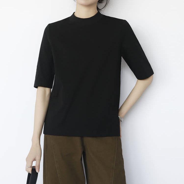 Pre-Sale Women's Cotton T-Shirt: Half-High Collar, Five-Point Sleeves, Stand-Up Collar, Seam Detail, Loose Fit Base Layer for Layering and Commuting