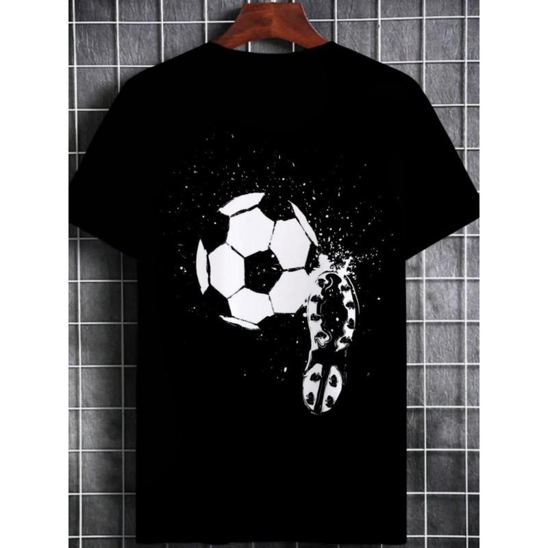 

European sizes Summer Men S Casual Fashion Short Sleeve Polyester T-Shirt with Soccer Ball Print, Lightweight And Durable for Outdoor Activities S чёрный