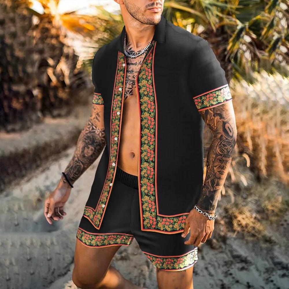 Summer Men's Fashion Leopard Print Short Sleeve Shirt And Shorts Set Beach Style T Shirt Breathable Shorts Two Piece Set