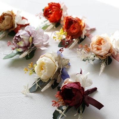 Artificial Silk Rose Flowers Groom Boutonniere Women Man Pin Suit Corsage Bridal Buttonhole Wedding Wrist Flower Party Decor