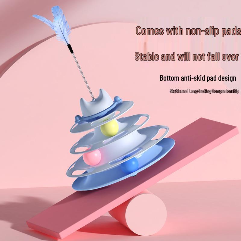 Four-Layer Cat Turntable Toy with Feather Teaser - Interactive Pet Entertainment.
