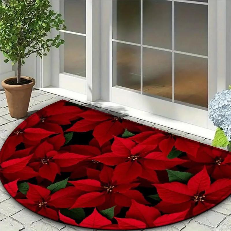 Welcome Door Mat Half Round Christmas Red Felt NonSlip Rug for Front Entrance Merry Christmas Lettering Tree Holiday Decor