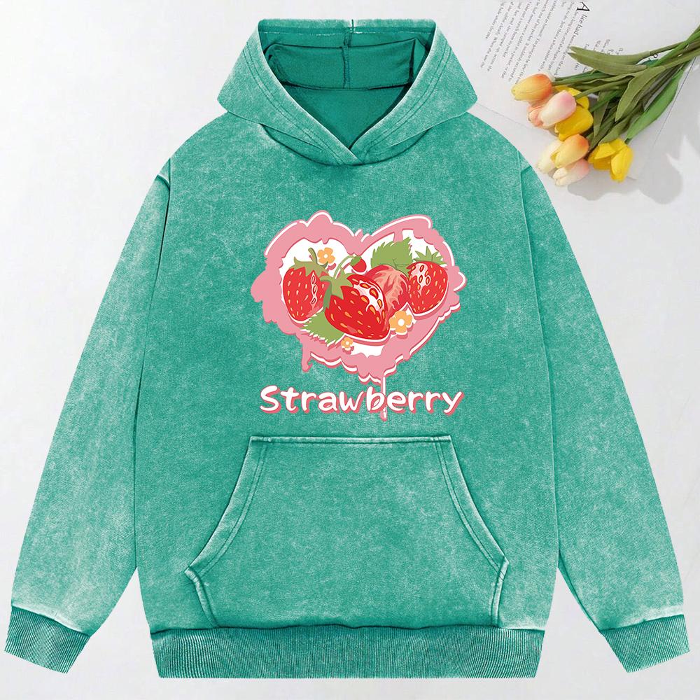 Heart Strawberry  Print Washed Hoodie Women Y2K Comfortable Pocket Streetwear Fashion Hoody Hip Hop Cotton Clothing