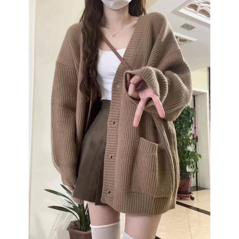 Loose and versatile and thin sweater with women's autumn and winter new solid color soft waxy casual knitted cardigan top
