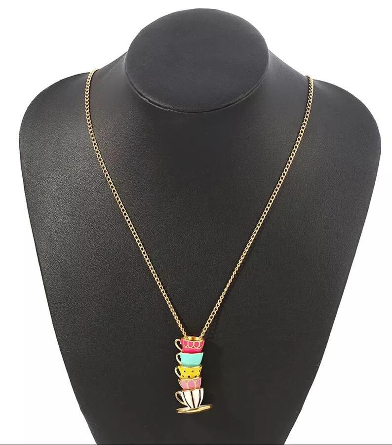 Women's Teacup Pendant Necklace Sweet Afternoon Tea Handmade Sweater Chain Creative Three-dimensional Enamel Pendant Jewelry