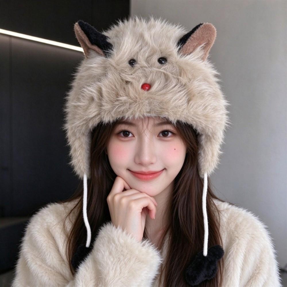 Ear Protection Plush Beanie Warm Lei Feng Cap Cute Faux Fur Hat for Women