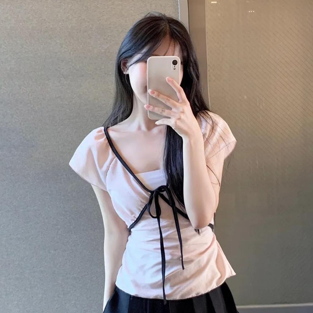 Sweet waist and thin bow strap v-neck short-sleeved T-shirt women's summer fashion age-reducing versatile small top