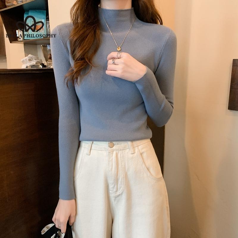 Nuevo invierno ajustado tejido de punto Color sólido cuello redondo señoras moda camisa por el trasero suéter mujer ropa