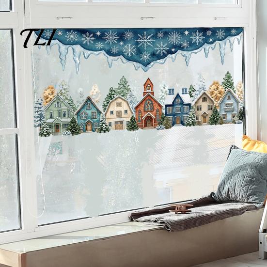 Indoor Festive Atmosphere Decor Christmas Winter Village Static Window Clings, Snowflake Snow House Removable Holiday Stickers, Decals for Xmas