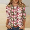 Women's Fashionable Casual Three Quarter Sleeve Christmas Printed Round Neck Top