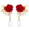 1Pairs Rose Flower Retro Bridal Earrings for Women Red Velvet Chinese Style Decorative Earrings Super Fairy Vintage