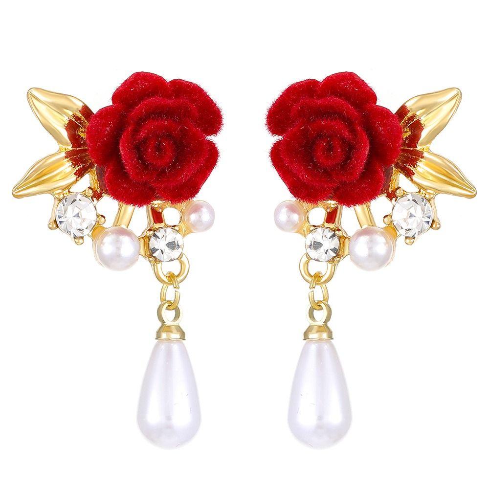 1Pairs Rose Flower Retro Bridal Earrings for Women Red Velvet Chinese Style Decorative Earrings Super Fairy Vintage