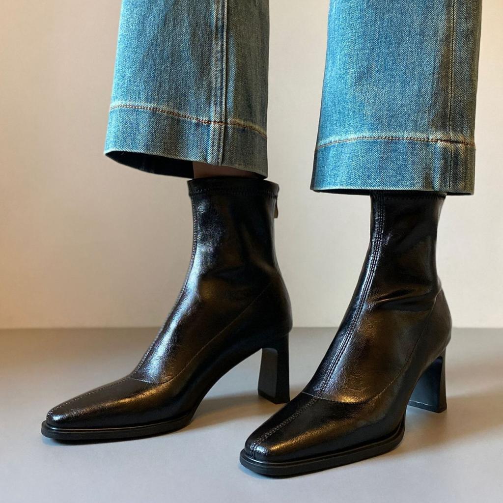 Versatile Silent And Thin Boots Commuter High Heel Short Boots Soft Leather Pointed Thin Elastic Boots Autumn And Winter New