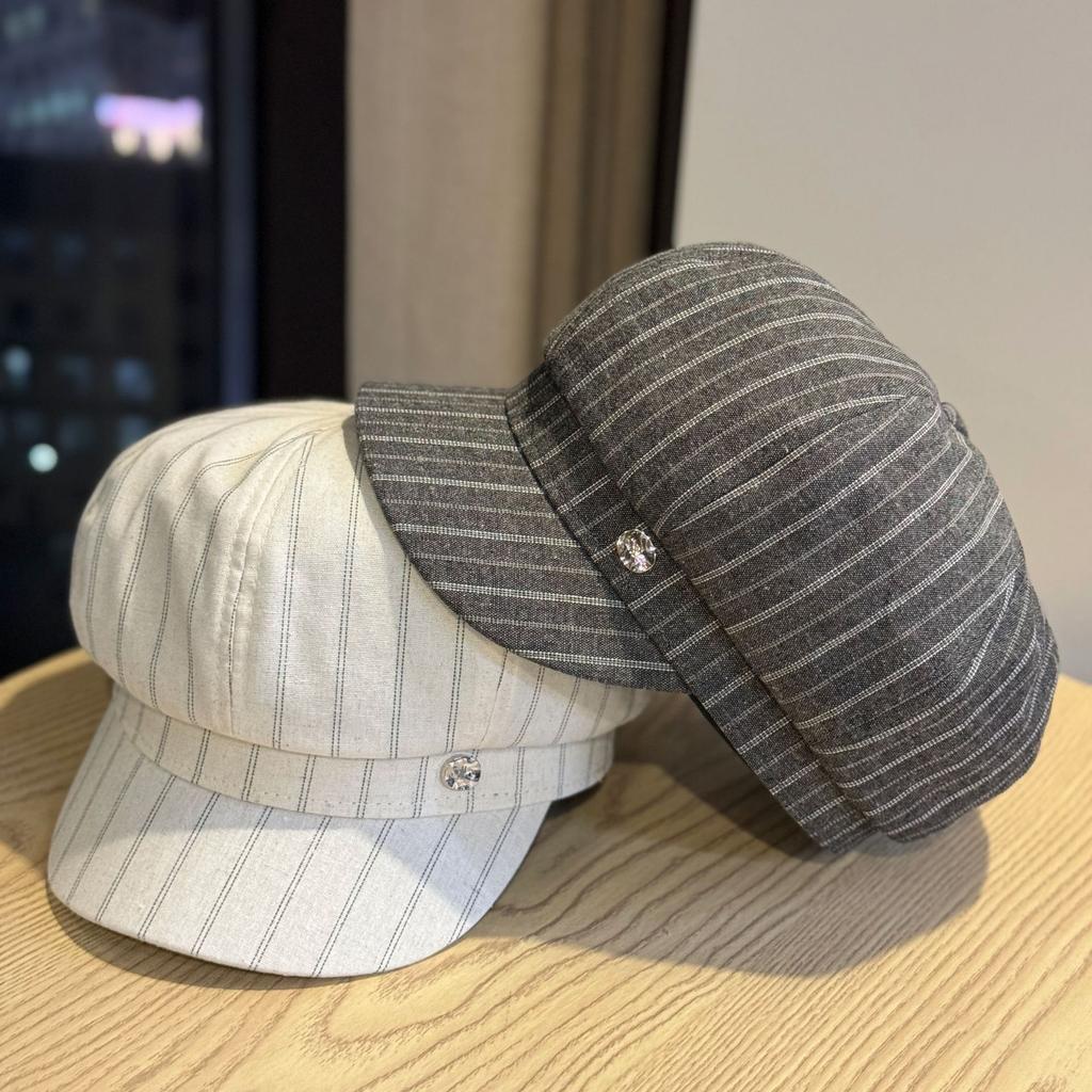 Vintage British striped beret women's spring and summer fashion versatile octagonal hat outdoor travel sun protection newsboy painter hat