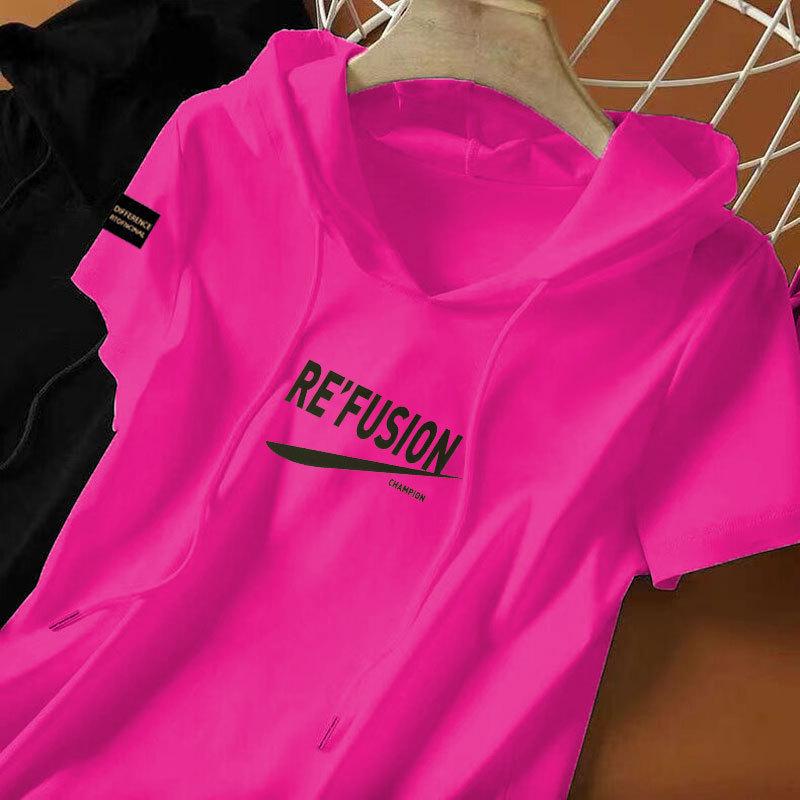 

100% Cotton Women s Ethnic-Style Hooded Sweatshirt - Short Sleeve, Loose Fit T-Shirt L (100-110 jin) чёрный