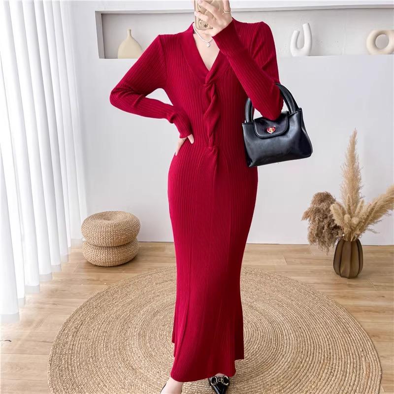 Pleated V-Neck Ruffled Long Dress for Women Autumn Winter White Knitted  Sweater Dress Korean Elegant Dresses  buy the best products in the Ayzeze  online store