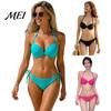 Sexy Bathing Suit Women Solid Color Bikini Set, Summer Two Piece Swimsuit, Halter Tie Underwire Top Slimming Beachwear & High Cut Bottom, for