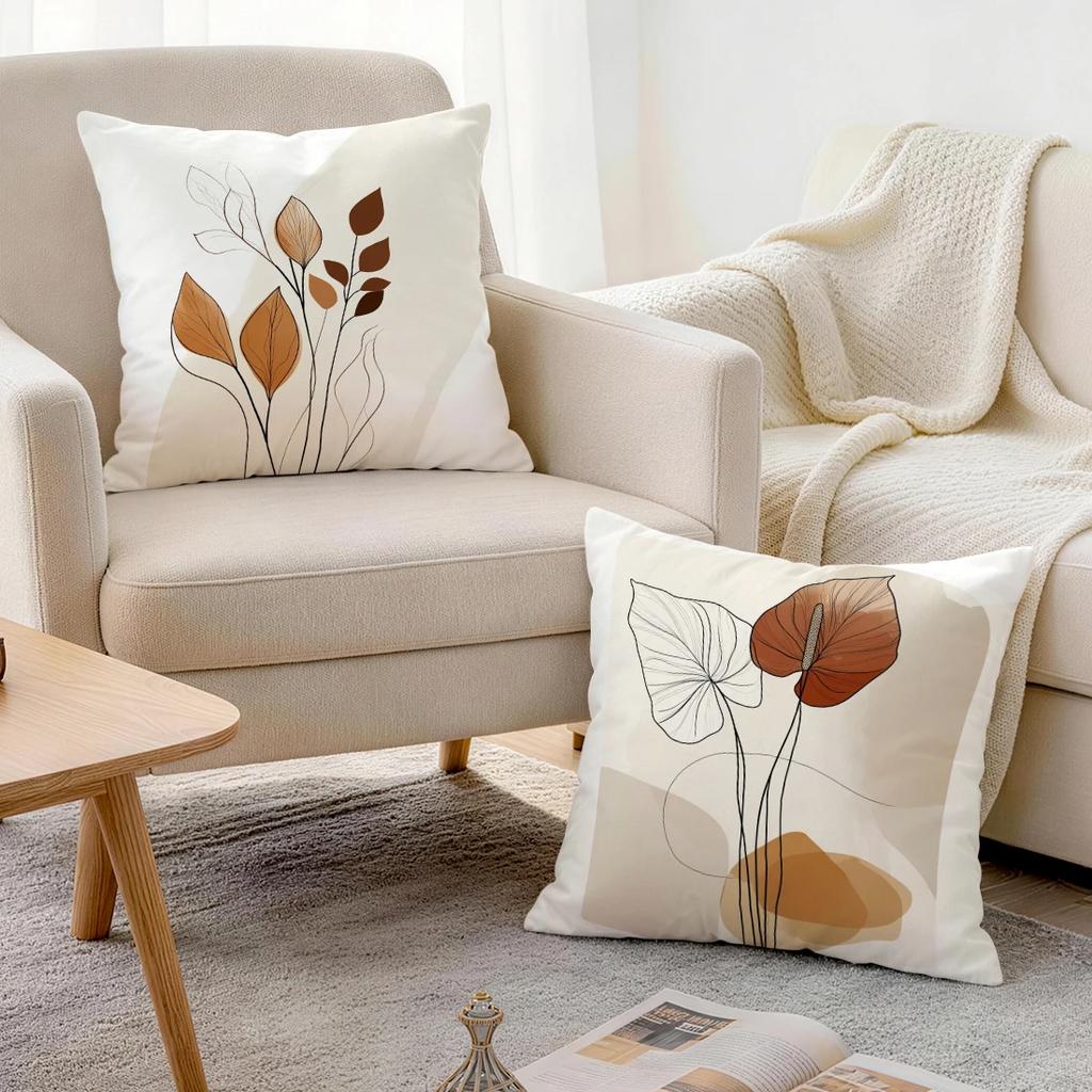 4 Pcs Minimalist Abstract Leaves Single-Sided Printed Pillowcase Cushion Cover,Suitable For Living Room,Bedroom,Car Decoration