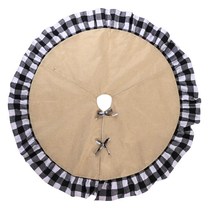 Burlap Fall Tree Skirt with  Buffalo Plaid Ruffle Border Large Christmas Tree Mat 48 Inches for Halloween Fall Christmas Black White Decorations