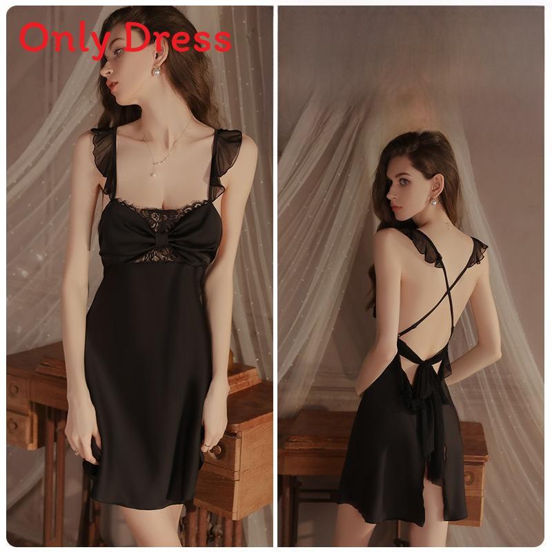 Women Satin Sleepwear Set With Lace Splicing And Bow Detail For Home And Hotel Use