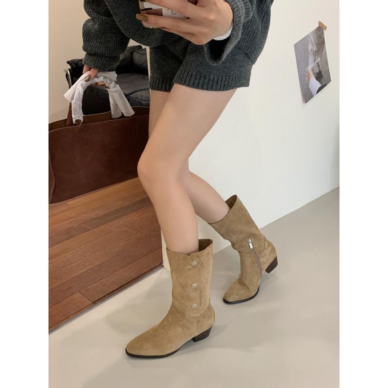 

Khaki tall boots autumn folding boots women s 2025 new thin and tall small Spice Girls short boots 40