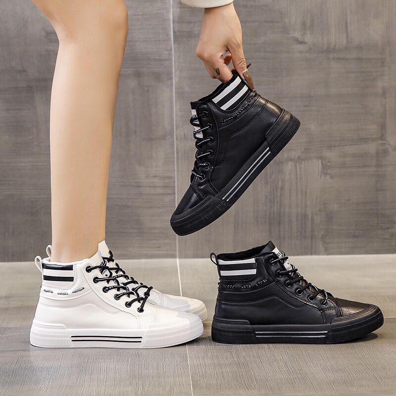 New High Top Small White Shoes For Women Soft Leather Winter With Fleece Thick Sole Shoes Warm Casual Sports Shoes For Women