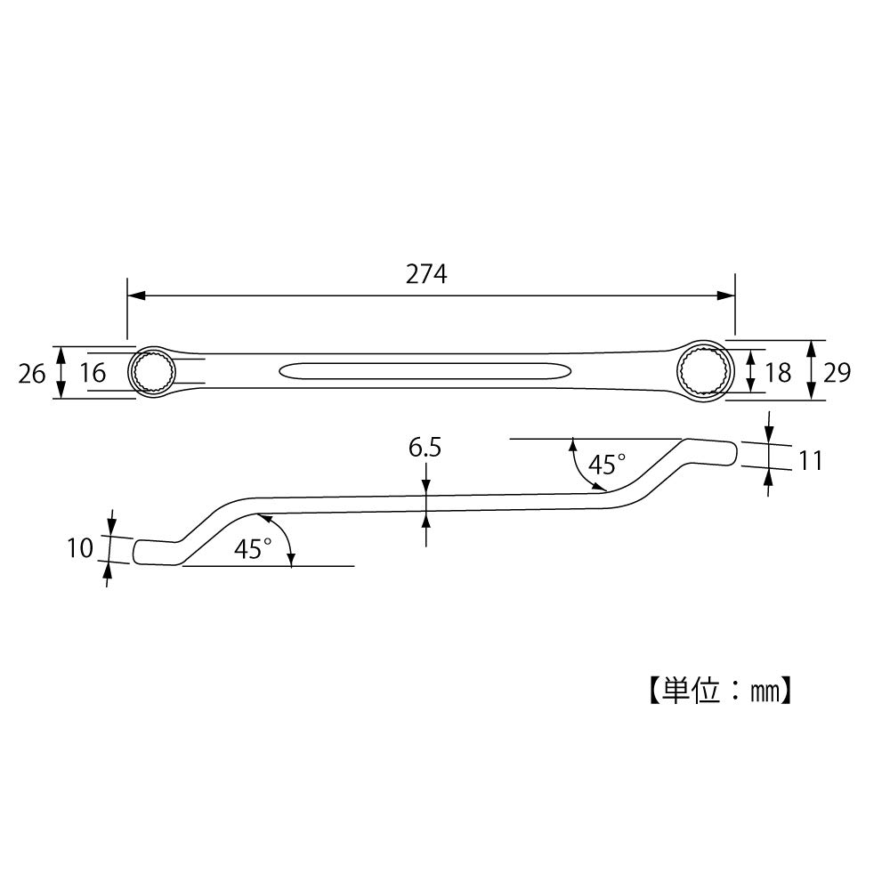 TOP Box Wrench 16x18mm Offset Forged Made in Japan Double-Ended 45° TM-16x18