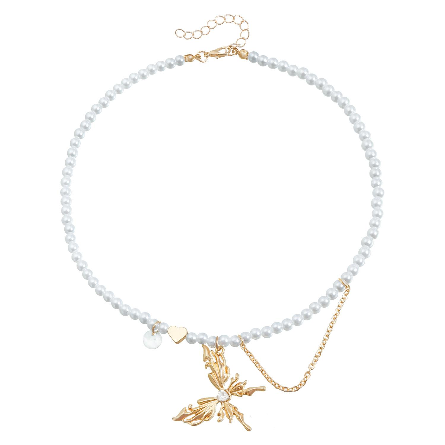 Butterfly wings heart-shaped love zircon inlaid pearl fringed collarbone chain necklace