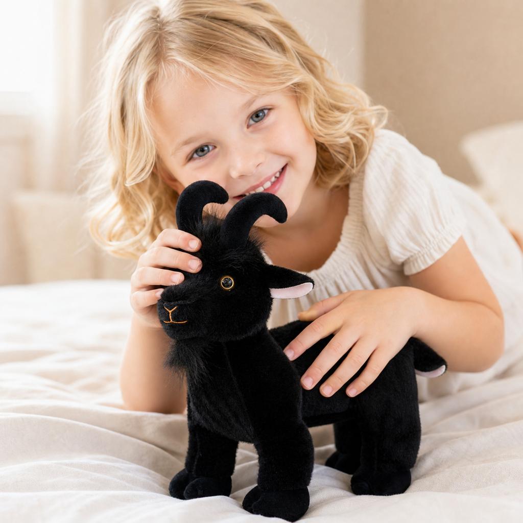 Realistic Simulation Goat Plush Toy Soft Stuffed Animal with Curved Horns and Fluffy Fur for Children Gift Home Decoration Collectible
