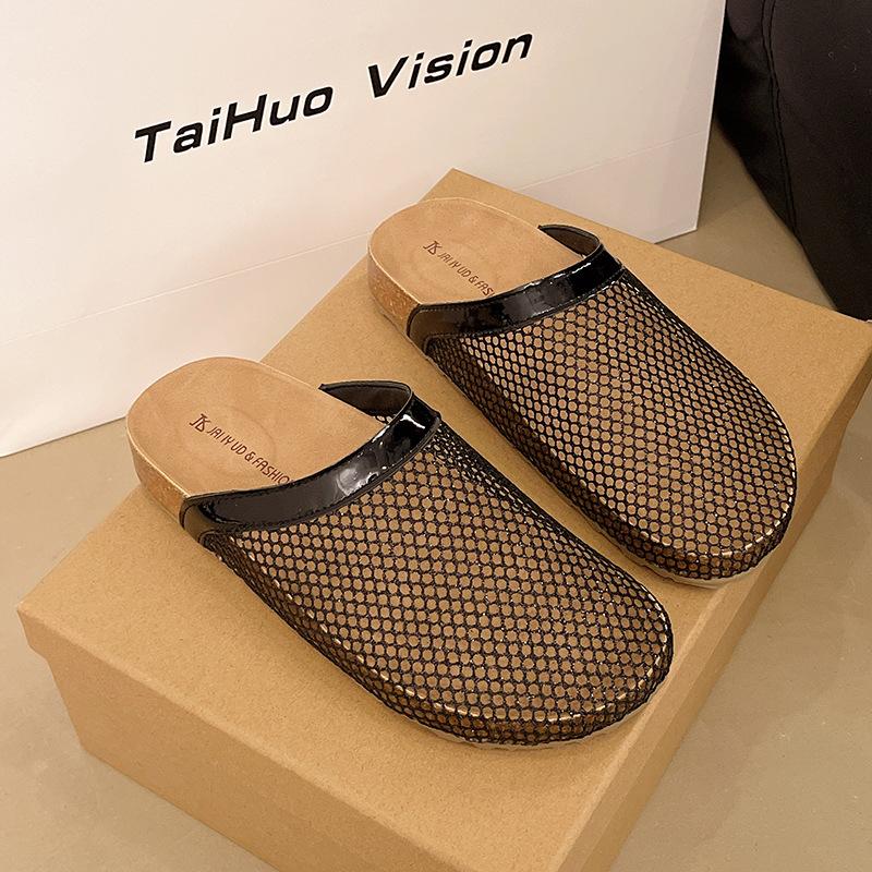 

Thick-soled Birkenstock slippers for women s summer wear 2025 new one-pedal fishing net surface breathable bag head half slippers cool slippers 40 чёрный