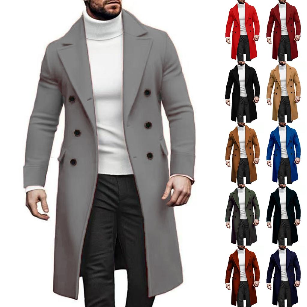 Mens Trench Coat Notch Lapel Double Breasted Peacoat Wool Blend Casual Long Overcoat