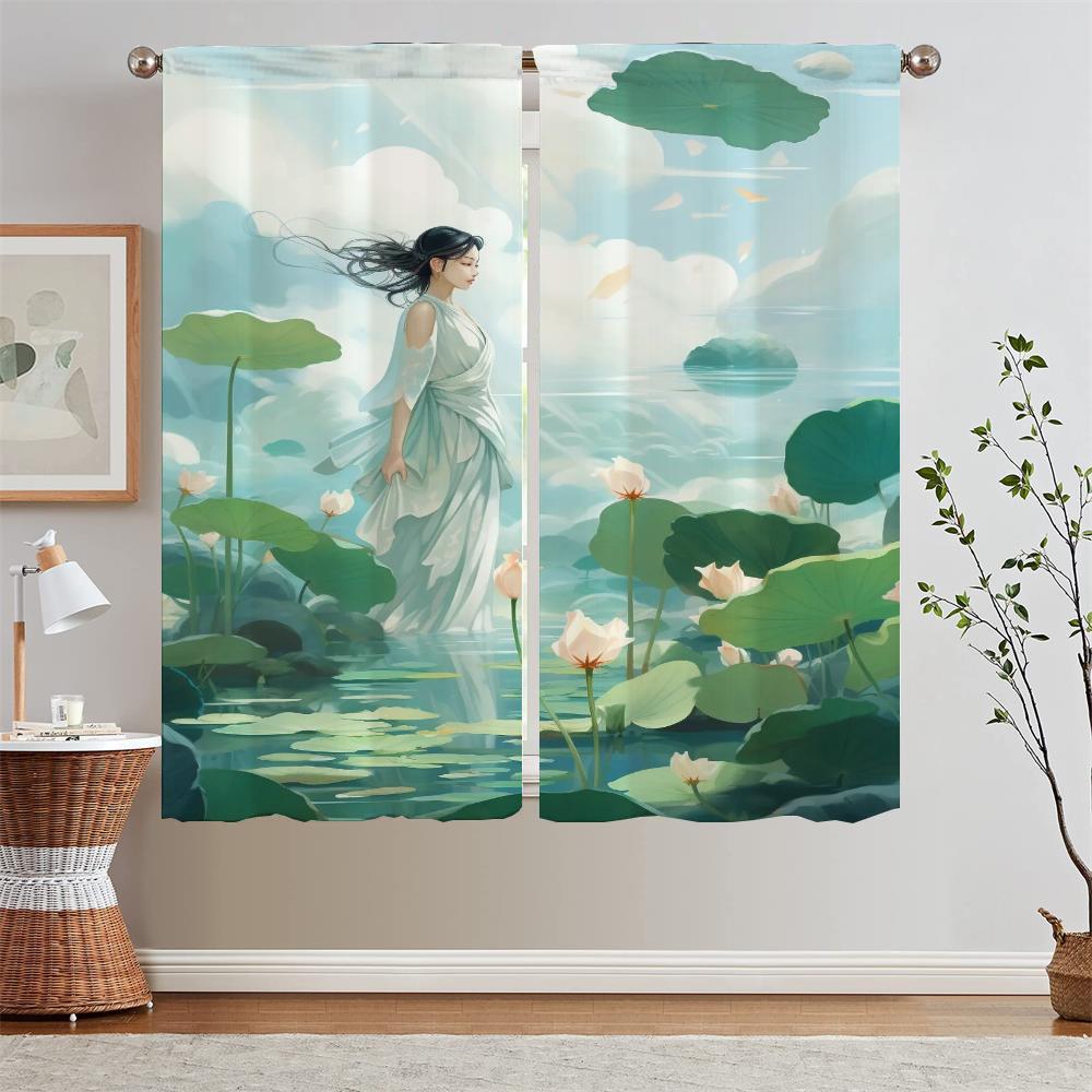 Summer Theme Lotus Pond Kitchen Curtains Livingroom Elegant Room Curtains for Bedroom Decoration Home and Decoration Blackout