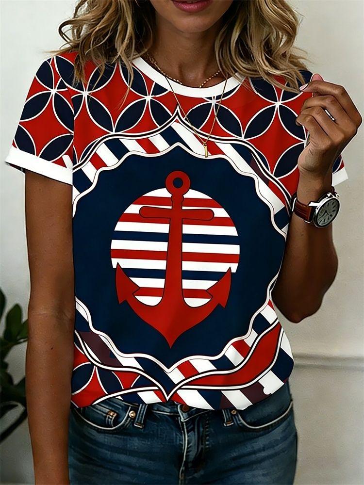 Summer Anchor Stripe 3D Print T-Shirts Women Casual Short Sleeve Round Neck T Shirt Harajuku Y2K Tees Top Female Street Clothing