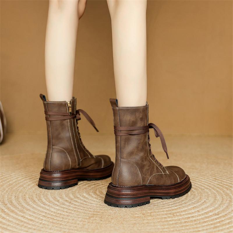 Fashion New Autumn/winter Split Leather Women Boots Round Toe Shoes for Women Fashion Boots Mid Heels Lace Mid-calf Boots Platform Shoes