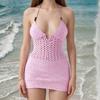 Knitting Tied V Neck Halterneck Backless Tied Up Beach Dress Adjustable Summer Outfit For Women Swimwear Cover Up