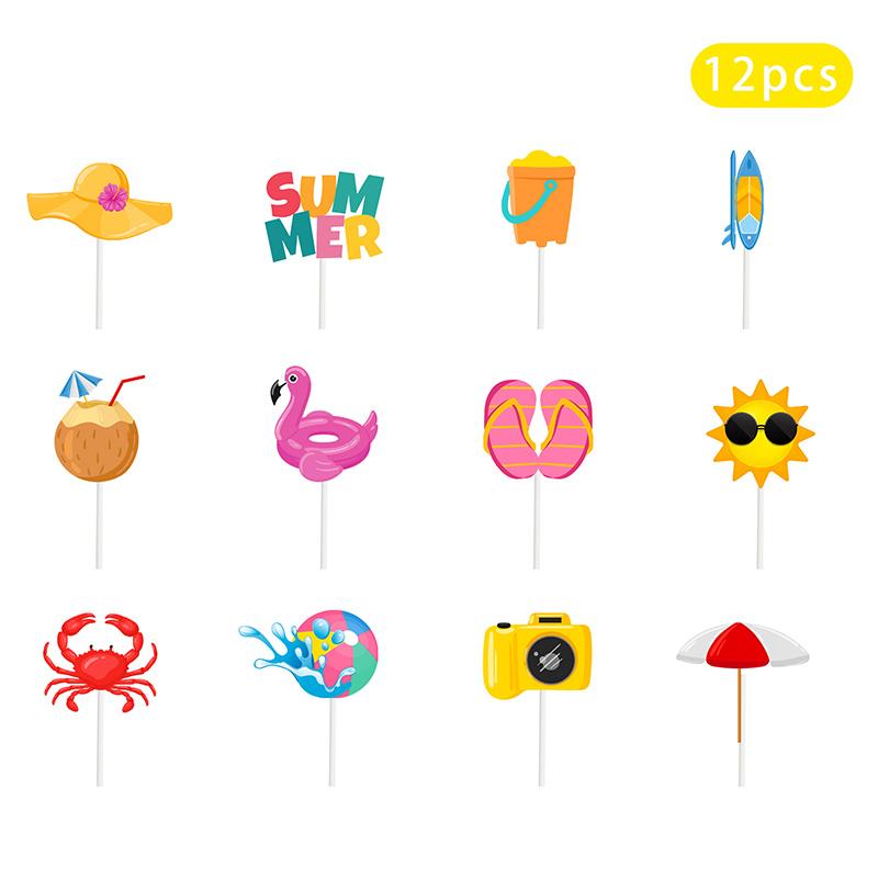 12pcs Summer Beach Hawaii Cupcake Toppers Sun Umbrella ball Cake Toppers  Hawaiian Pool Theme Birthday Party Cake Decorations