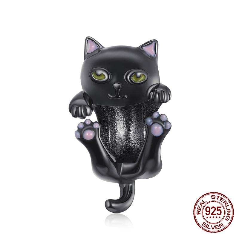 WOSTU 100% 925 Silver Cute Kitty Black Cat Charms Animal Bead for Women Fit DIY Bracelet Necklace Jewelry Gift