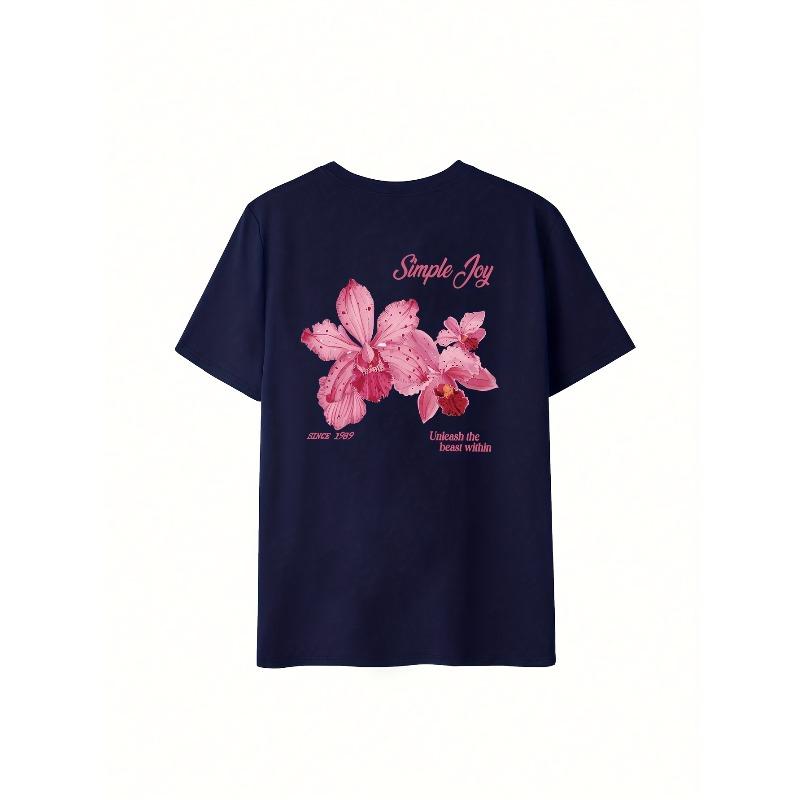 Womens Summer New Floral Letter Print Tee Round Neck Short Sleeve Loose Casual Versatile Top