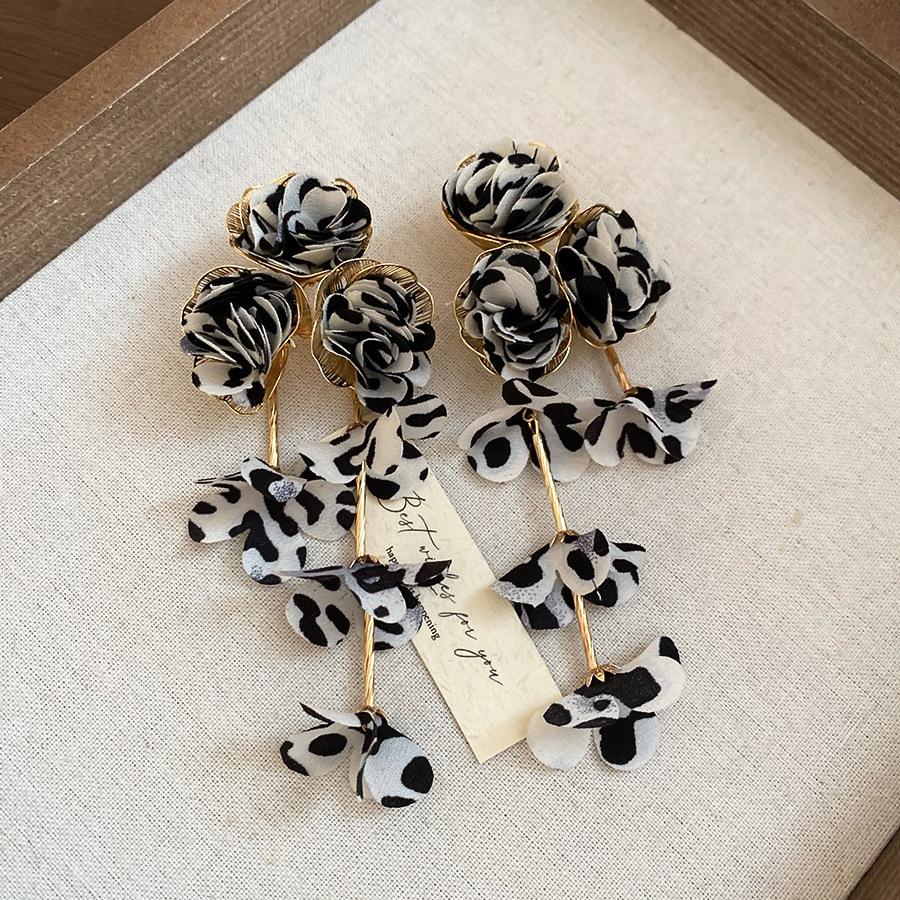 European and American retro fabric flower fringed leopard print earrings earrings personalized temperament earrings women