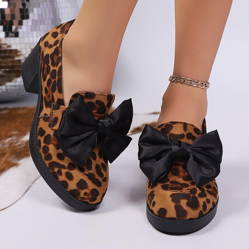 Bow Mid-heel Professional Shoes Women's 2025 Autumn New Leopard Print Thick-heeled Plus-size Low-top Shoes