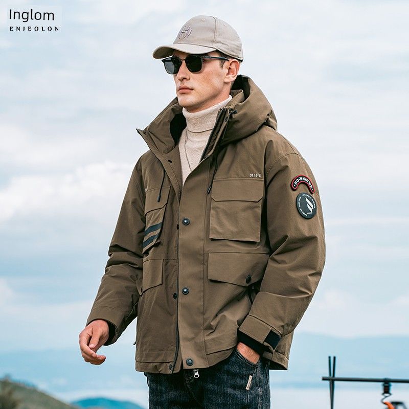 

Yingjuelun Outdoor Workwear Hooded down Jacket for Men, New Winter Style, Cold-Proof and Warm, Color-Blocking Men s White Duck down Coat Army Green L