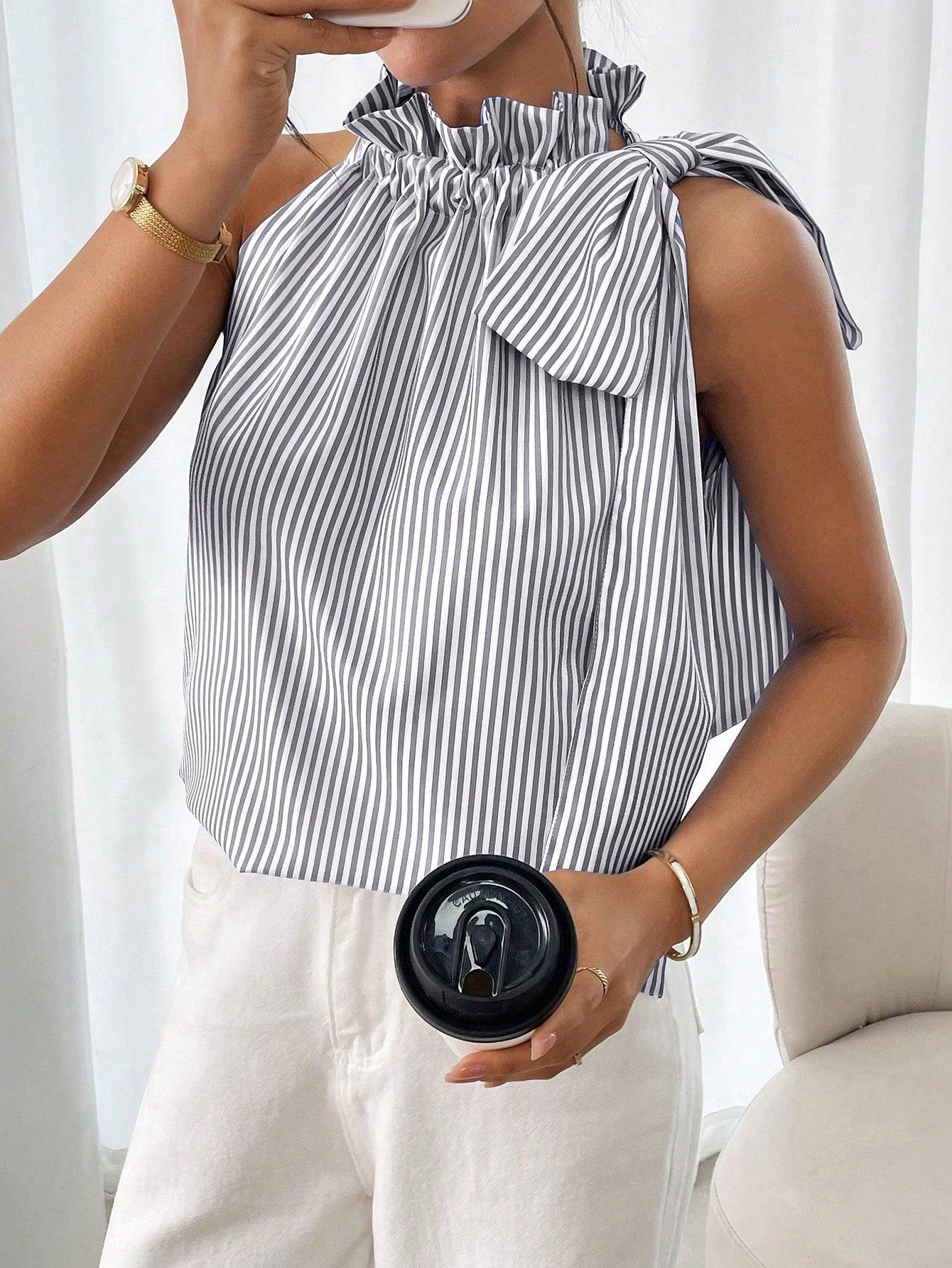 Women Halter Neck Striped Ruffle Sleeveless Top 2XL чёрный