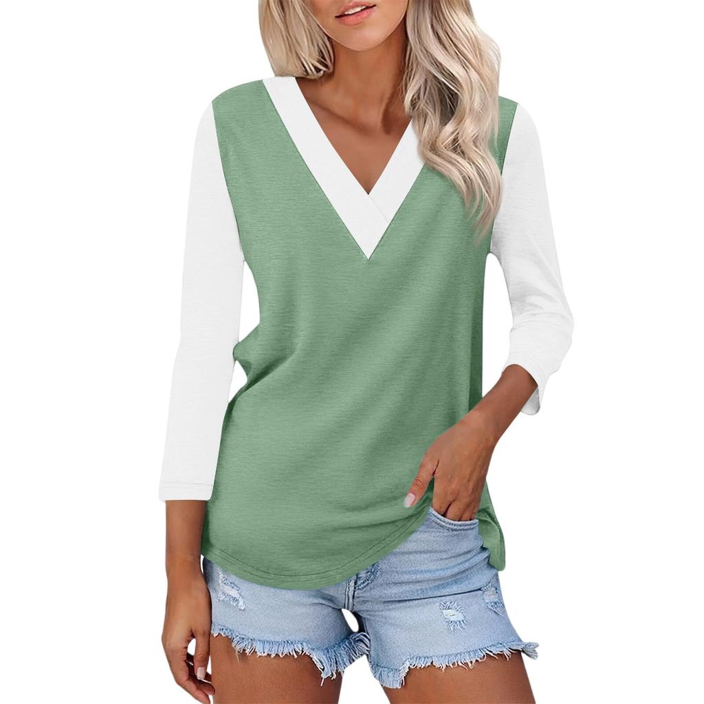 Damen Casual Mode Sexy Bequem V-Ausschnitt Farbblock Dreiviertelarm Top