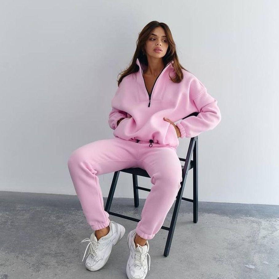 Herbst Winter Schlichtes Damen Set Verdicken Lockeres Sweatshirt Damen Anzüge Lässig Damen Hose 2-teilige Sets