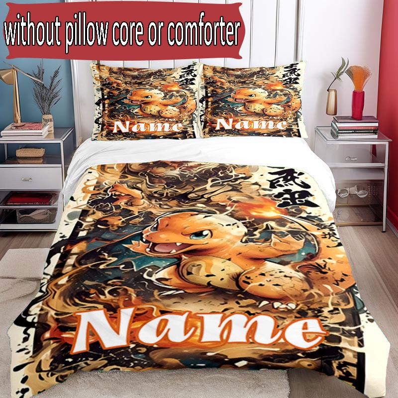3pcs Duvet Cover Set (1*Duvet Cover + 2*Pillowcase, Without Core), Custom Name Charizard VS Blastoise Pattern Bedding Set, Home Bedroom Decor Gift