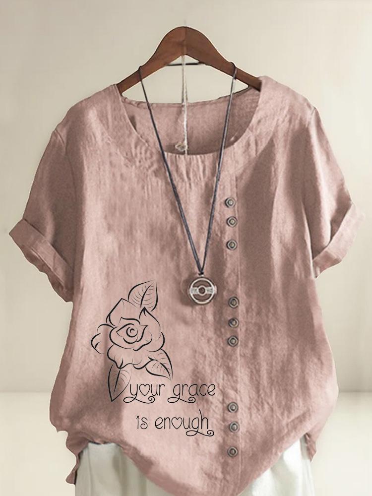 Women s Fashion Black Floral Letter Lines Print Casual Cotton Linen Short Sleeve Round Neck T-shirt Shirt Leisure Loose Summer Blouse Tops S розовый