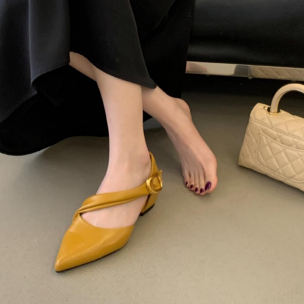 Inner Height Increase Pointed Hollow Shallow Mouth Single Shoes Women'S Spring French One-Word With Bag Head Sandals
