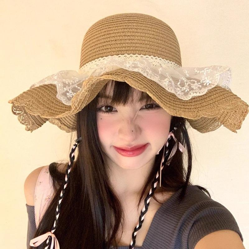 Straw hat women's new summer lace bow straw hat travel sunscreen hat beach seaside big brim