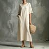 Women Loose Fit Straight Cut Casual Midi Dress Round Neck Short Sleeve Drop Shoulder Pockets